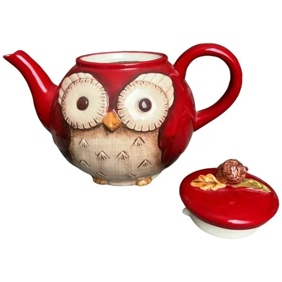 💕 SOLD 💕 Grasslands Road Crimson Hollow Owl TEAPOT Acorn Lid Ceramic Whimsical - Picture 8 of 11